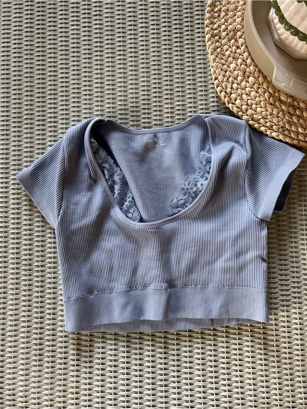 aerie Lace-Trim Ribbed Crop Top in Dusty Blue